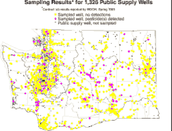 Map showing public supply wells sampled by WDOH contract labs, and pesticide detections