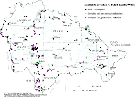 Map: Public supply wells sampled, and pesticide detections