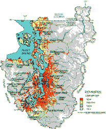 [map of rivers and land use, Puget Sound Basin]