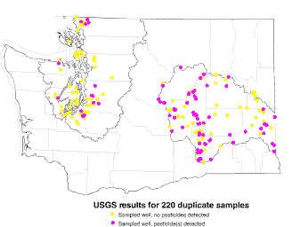 Map showing duplicate samples analyzed by USGS, and pesticide detections