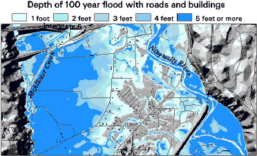 [GIS map with flood depth, roads, buildings]