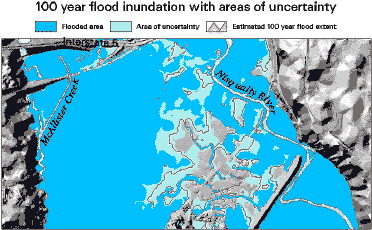 [Map of uncertain flood extent]